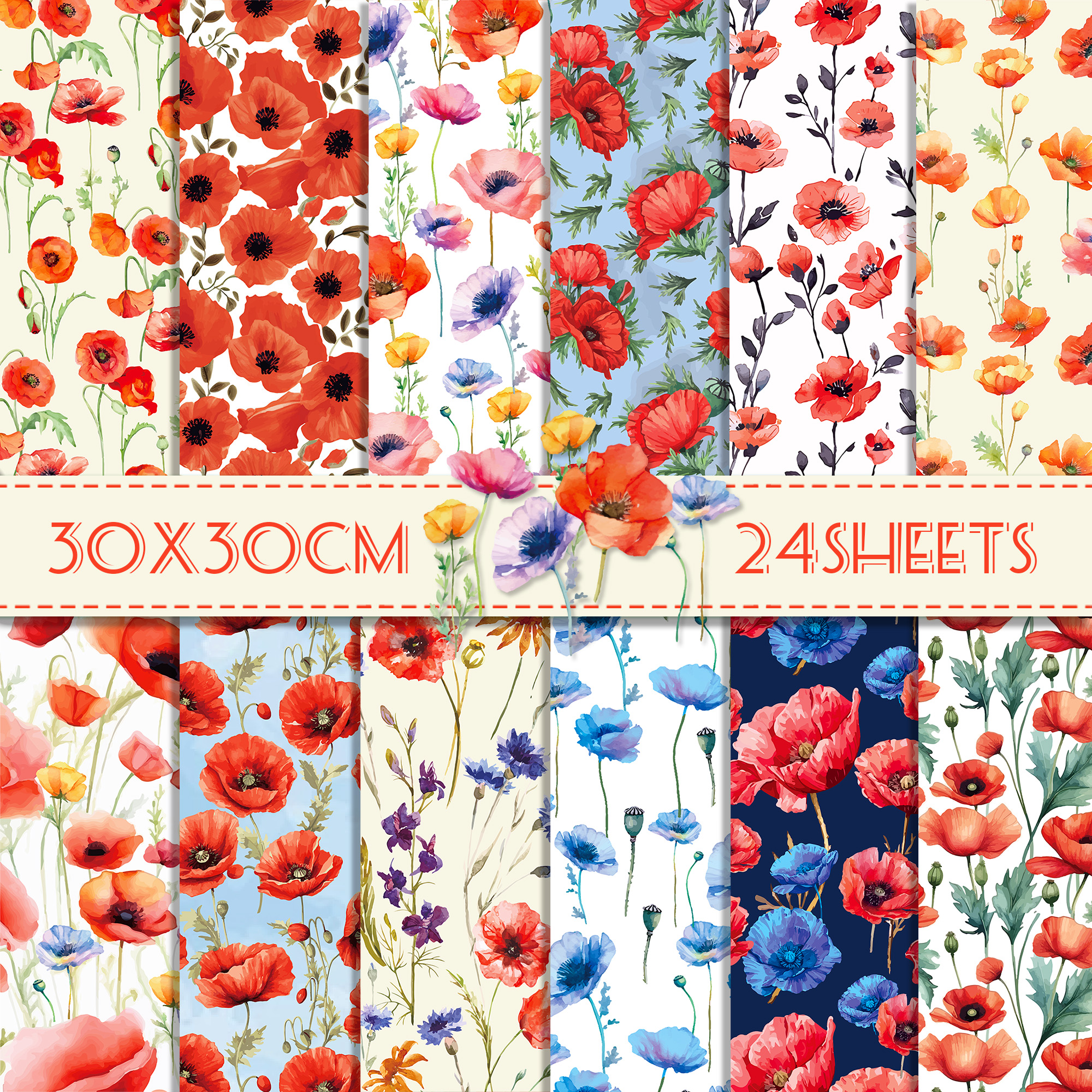 Art Craft In Paper - 24pcs 30*30cm Poppy Red Flowers Scrapbook
