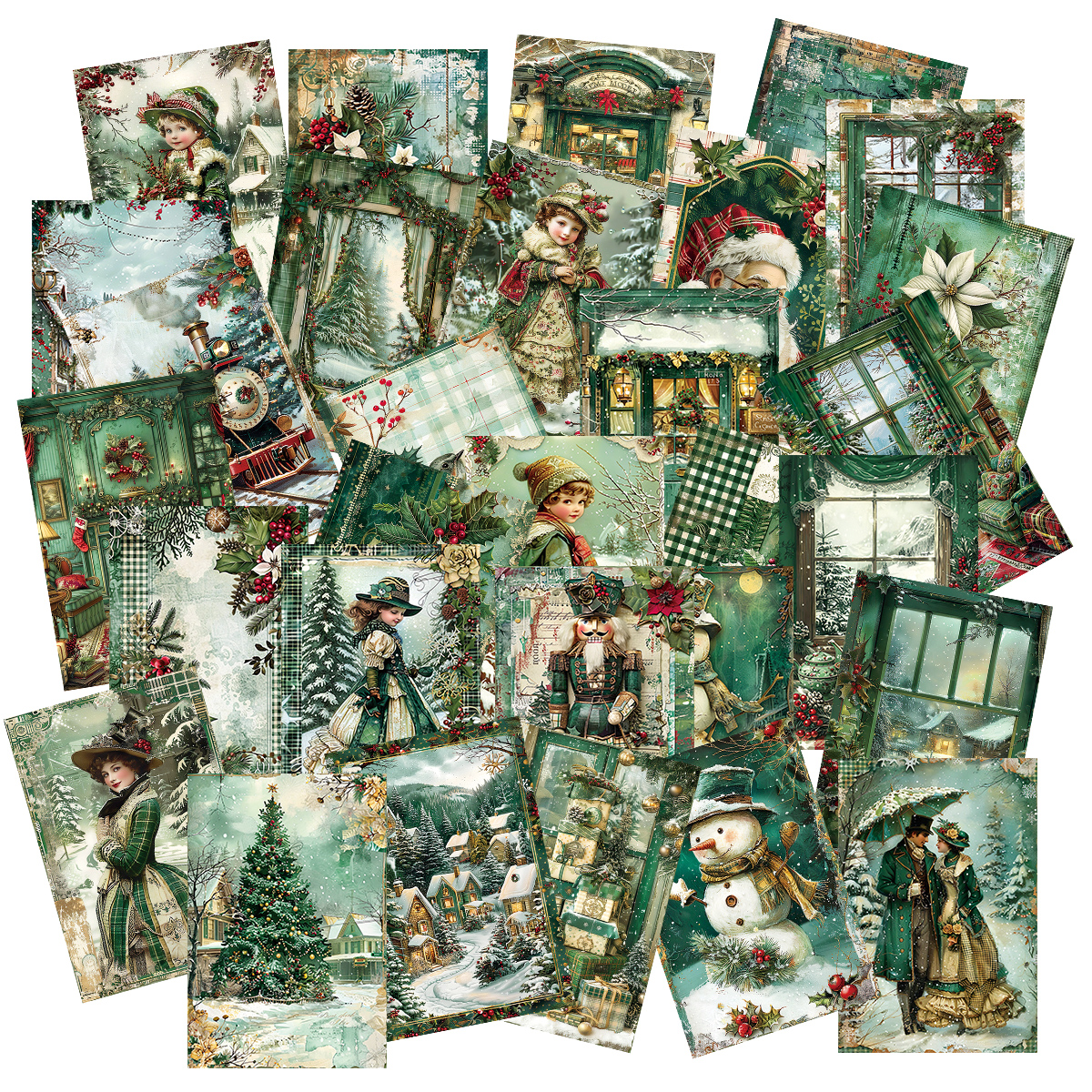 Art Craft Village - 30pcs Vintage Christmas Green Cards-Villages Design,Room